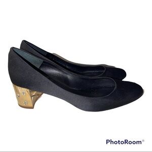 Delman Satin Dress Shoes with Gold Tone & Rhinestone Heels